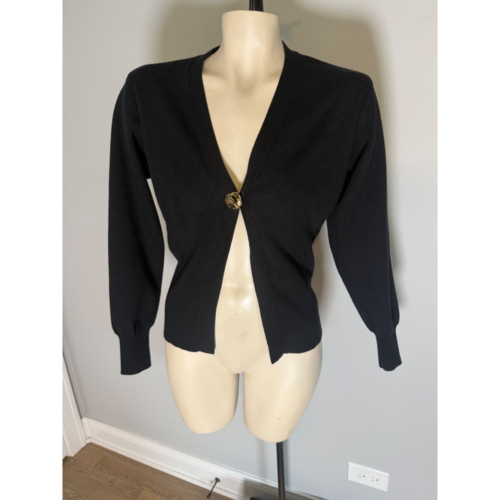 VICI Black Ribbed Knit Cardigan Gold Hammered Button V-Neck Sweater Small